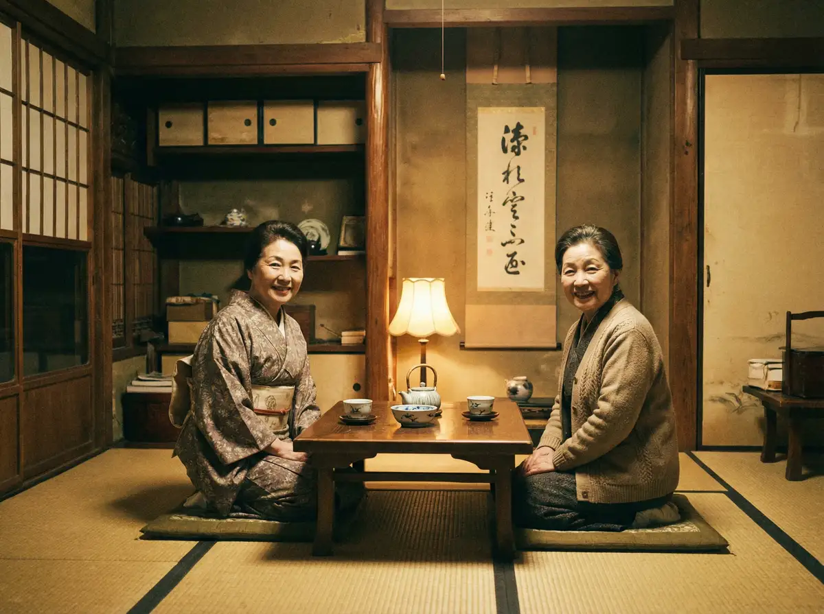 两位优雅的 超级精爸 在日式茶室中品茶交谈